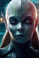 Futuristic alien portrait with glowing eyes photo