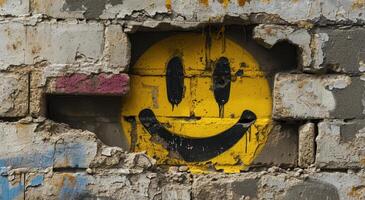 Graffiti art of a distorted smiley face on a dilapidated wall photo