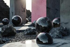 Surreal glass spheres on rocky surface photo