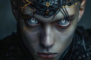 Intense cyberpunk portrait with glowing circuits photo