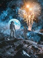astronauts observe fireworks display on alien planet photo