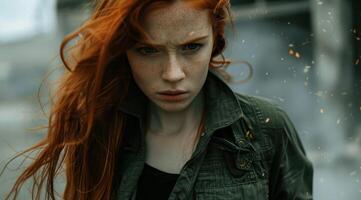 Intense redhead woman with windblown hair photo