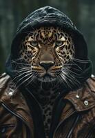 Fierce leopard in hooded jacket photo
