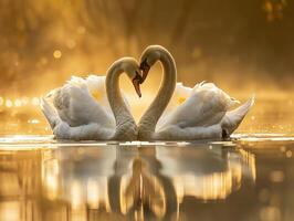 two swans forming a heart shape on golden water photo