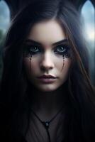 Mysterious woman with dark makeup and intense gaze photo