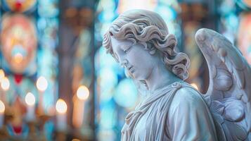 Serene angel statue in a dreamlike setting photo