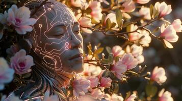 futuristic android face surrounded by pink flowers photo