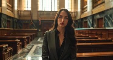 Serious woman in formal attire standing in an old library photo