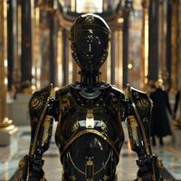 Futuristic robot with intricate gold and black design photo