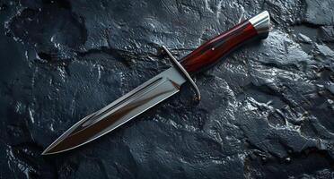 Closeup of a sharp hunting knife with a wooden handle on a dark background photo