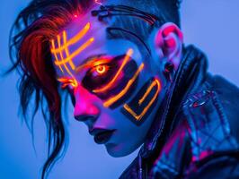 Futuristic cyborg with glowing face paint photo
