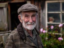 Smiling senior man with beard and cap in rustic setting photo