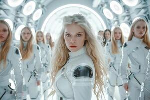 futuristic female leader in space suit commanding army of clones photo