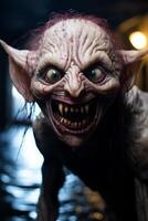 Creepy fantasy creature with sharp teeth and glowing eyes photo