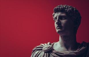 Dramatic ancient statue against red background photo