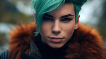 Vibrant portrait of a person with green hair photo