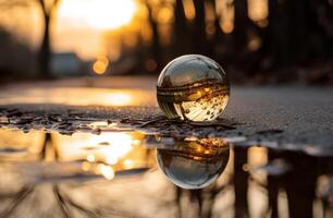 Sunset reflected in a glass sphere on a wet surface photo