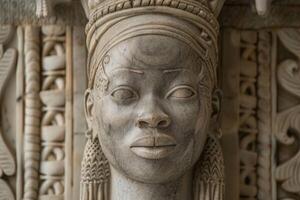 Intricate carved stone face with detailed features photo