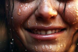 Close up of a wet, smiling face photo