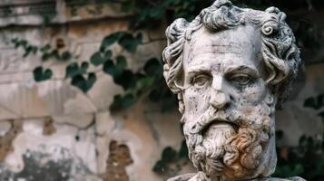 Weathered stone statue with ivy in the background photo