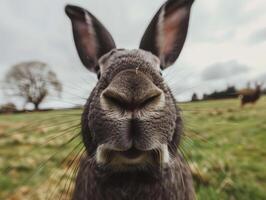 Closeup of a curious rabbit in a field photo