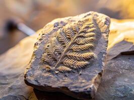 Fossilized fern leaf imprint on rock photo