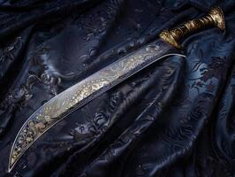 Ornate dagger on dark fabric background photo