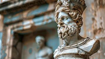 ancient stone sculpture of a bearded man with intricate details photo