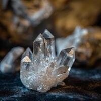 Sparkling crystal quartz cluster on dark fabric photo