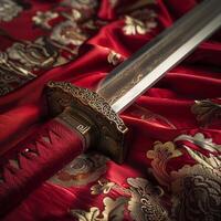 Ornate ceremonial sword on red silk fabric photo