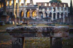 ancient sword on stone pedestal with colosseum in background photo