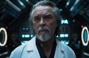 Serious senior scientist in lab coat with futuristic background photo