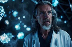 Pensive scientist in laboratory with glowing crystals photo