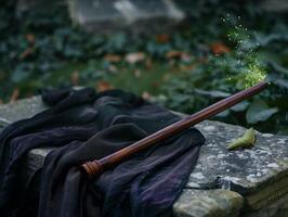 Magical wand with sparkling effects in dark forest setting photo
