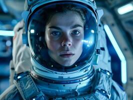 astronaut in spacesuit with serious expression photo