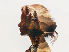 serene autumn forest reflection in womans profile photo