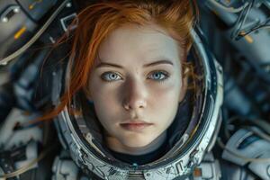 astronaut with intense gaze in space suit photo