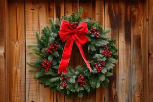 Christmas wreath with red bow on wooden background photo