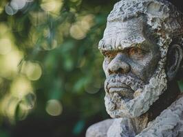 Close up of an old stone statue in a lush, green setting photo