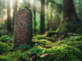 Mysterious carved stone in lush forest photo
