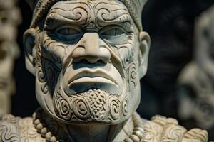 Carved stone face with intricate patterns and expressions photo