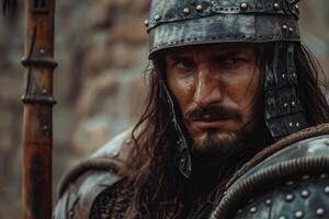 Rugged warrior with battle worn armor and intense expression photo
