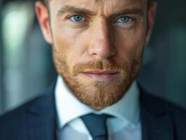 Serious businessman with beard looking intently photo