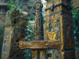 Ancient Egyptian sword with hieroglyphic design photo