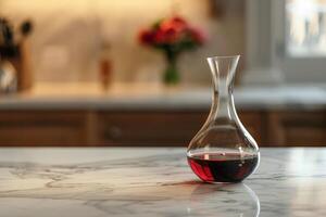 elegant glass decanter with red wine on marble table photo