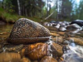 Intricate rock carving in a forest stream photo