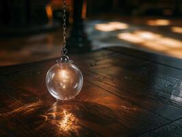 Hanging glass orb with warm lighting photo