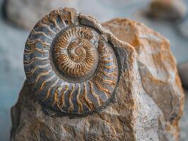 Fossilized ammonite shell on rocky surface photo