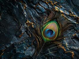 Vibrant peacock feather on dark textured background photo
