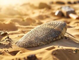 Carved stone with intricate patterns in the desert photo